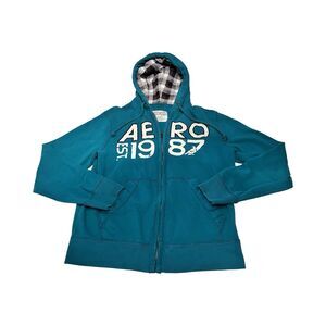 Aeropostale Mens Teal M Full Zip Spell Out Y2K Logo Hoodie Jacket